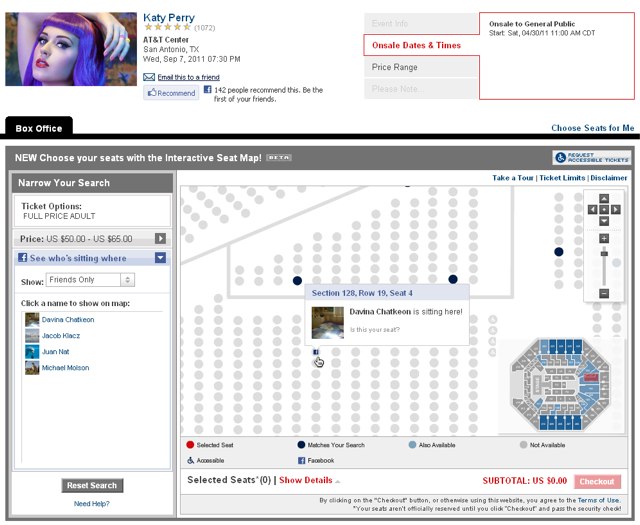 Ticketmaster interactive seat map for Katy Perry concert