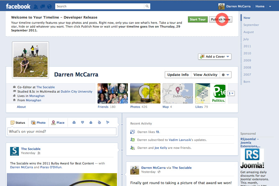 6. You'll now see your new developer release Facebook profile. Click Publish Now to make it stick and you're done!