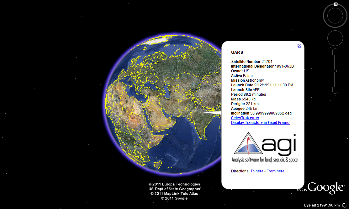 UARS tracked on Google Earth