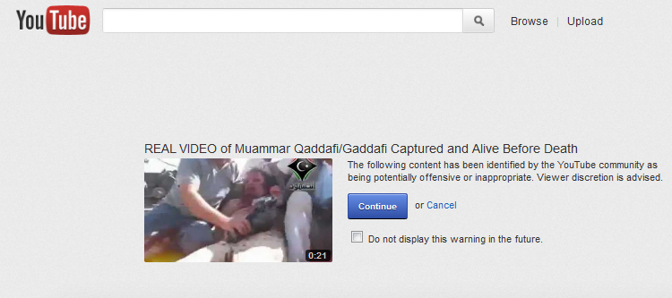 Screen shot of YouTube showing warning message