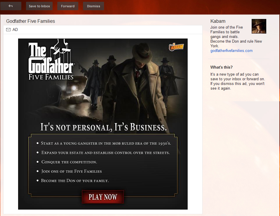 Example of Gmail email ad for Kabam's Godfather Five Families game