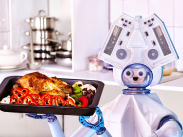 Robot domestic assistance cook at kitchen.