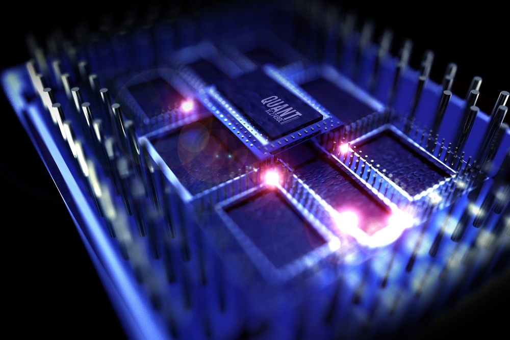 Quantum Processor Illustration. Quantum Computing Theme. 3D Rendered Model of the Processor. Superconducting Chip. Technology Illustrations Collection