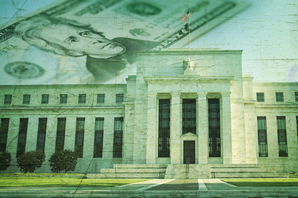 The Federal Reserve building in Washington DC superimposed on a twenty dollar bill and a grunge texture background