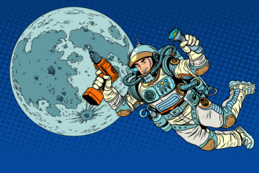 Astronaut with a drill and flashlight on the Moon pop art retro style. Repairs and construction. Colonization of the moon and other planets