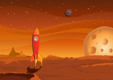 Illustration of a cartoon spaceship landing on martian red desert landscape