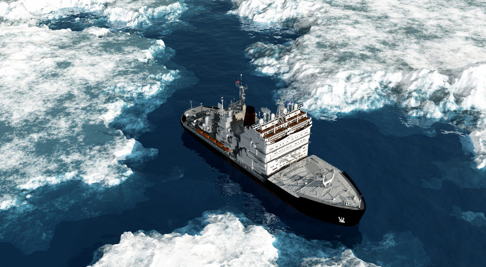 Icebreaker ship on the ice in the sea.