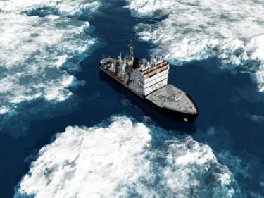 Icebreaker ship on the ice in the sea.