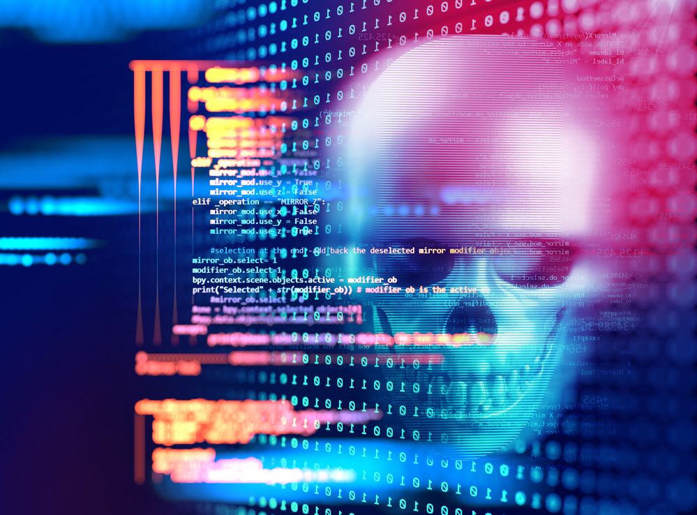 3d rendering of skull on technology background represent internet security and cyber criminal